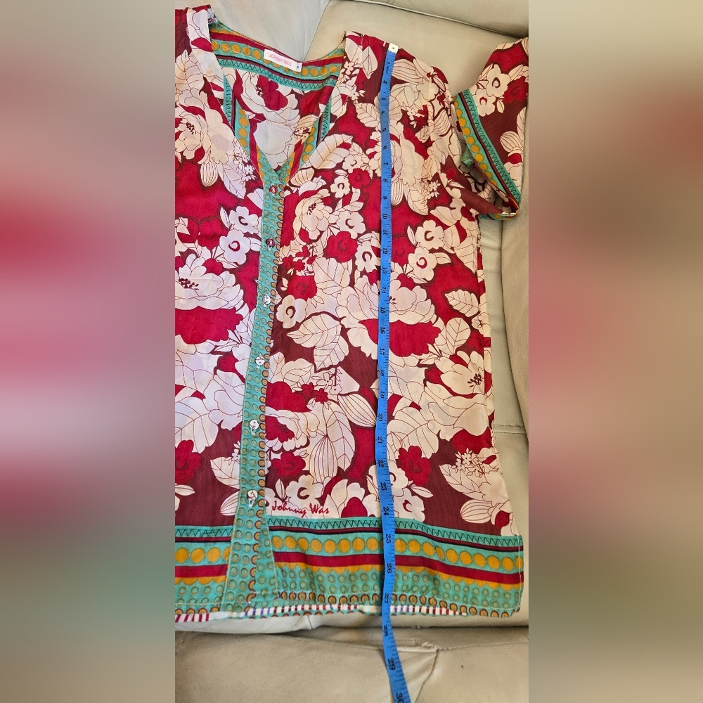Johnny Was Red Floral Silk Blouse with Cream Print and Green Trim - Picture 10 of 11